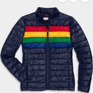 Primary Dark Blue Puffer Jacket with Colorful rainbow Stripes unisex size medium
